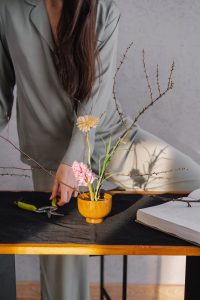 woman in white long sleeve shirt holding white flower