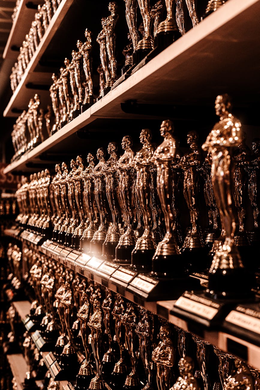 close up shot of trophies on shelves