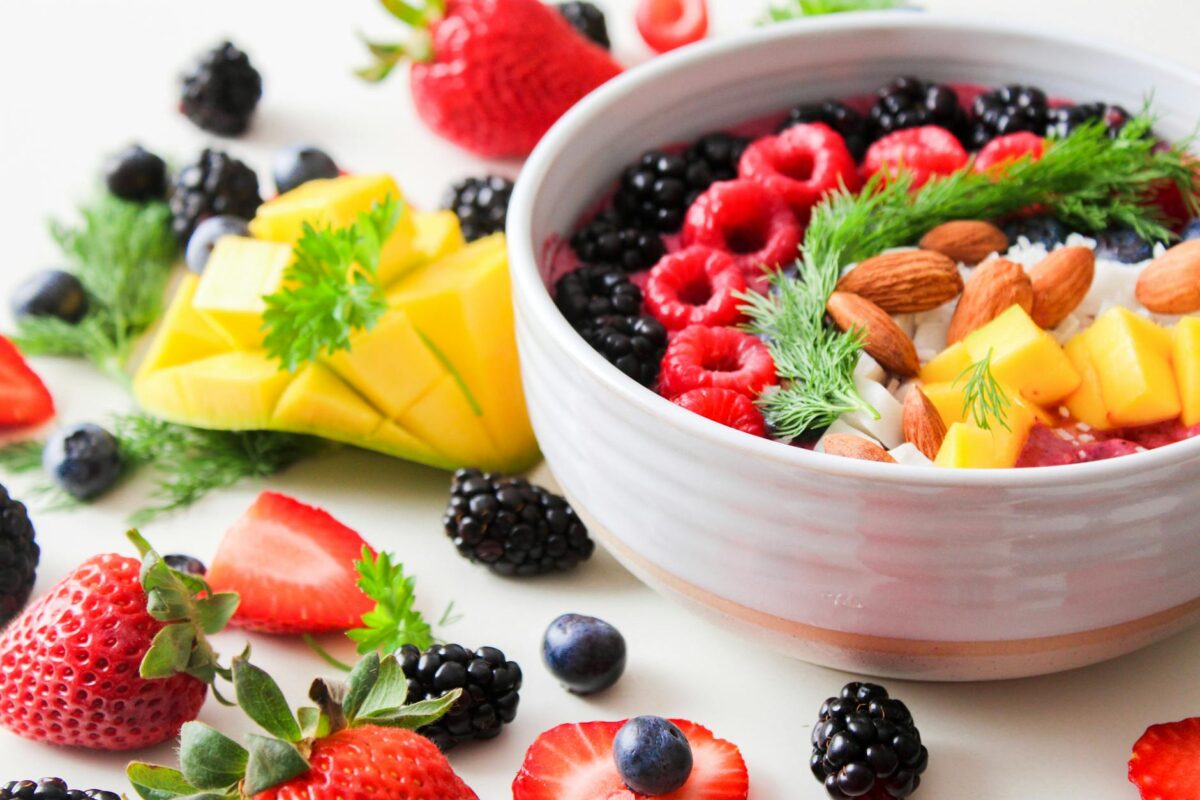 fruit salad in white ceramic bowl